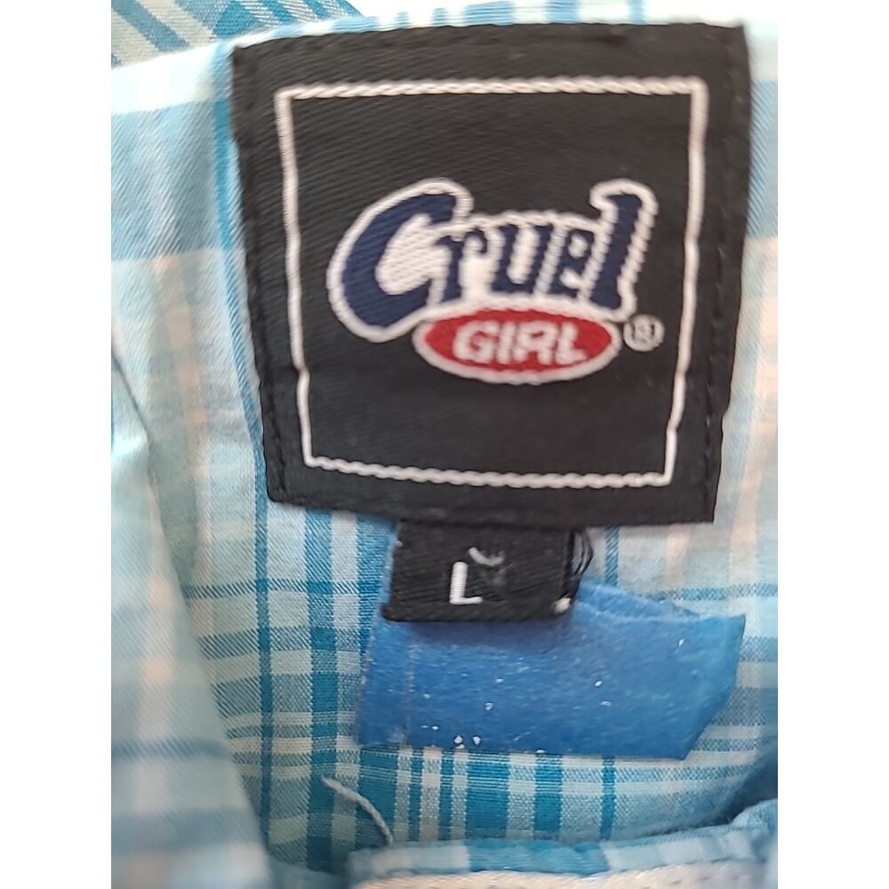 Cruel Girl Western Shirt Large Long Sleeve Pearl Snap Blue Plaid - Picture 5 of 11